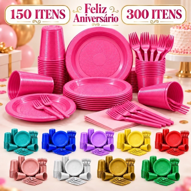 kit 300 Itens 150 Itens Aniversário Festa Descartável Pratos Garfos Copos Perolizados Candy