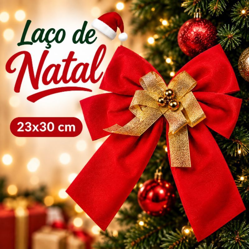 Laço de Decoração de Natal Grande Vermelho e Dourado 23x30cm para Árvore, Porta e Guirlanda