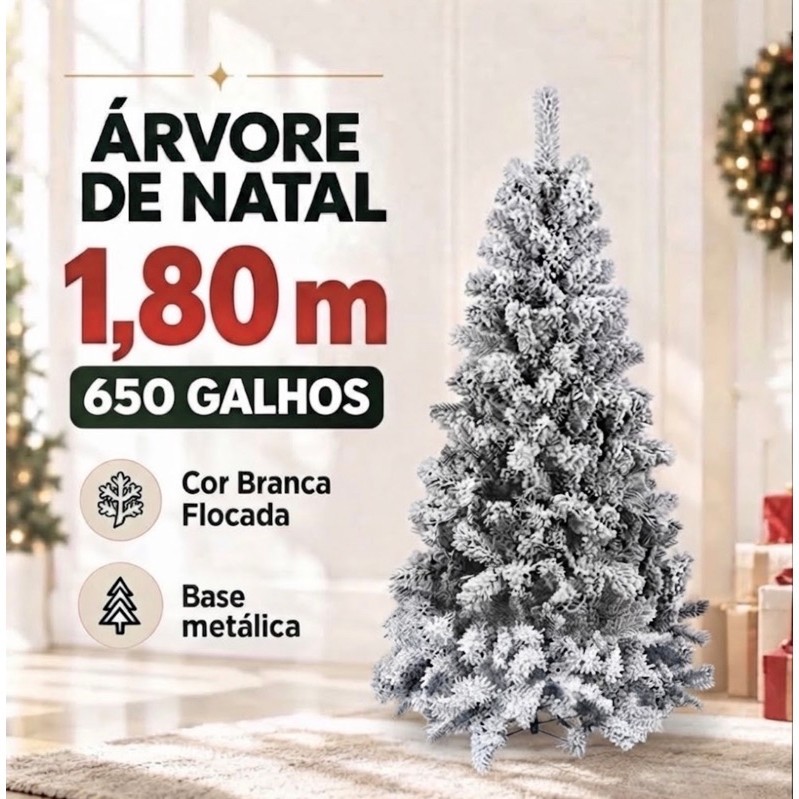 Árvore de Natal Pinheiro Neve Luxo Polo Norte 1,80m 650 Galhos Flocos de Neve 180cm Base de Ferro
