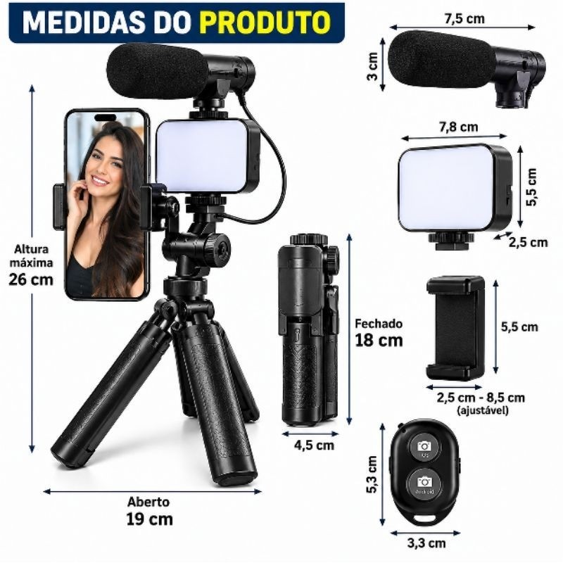 Tripé Estabilizador de Mão 5 em 1 - Microfone Lapela Profissional, Design Ergonômico, Alcance Bluetooth 5m