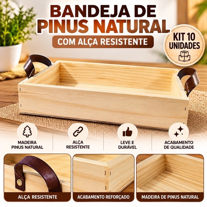 Kit Bandeja de Madeira com Alça 30x20cm Pinus Natural Kit Cafe da Manha Vinhos Bandeja Organizar