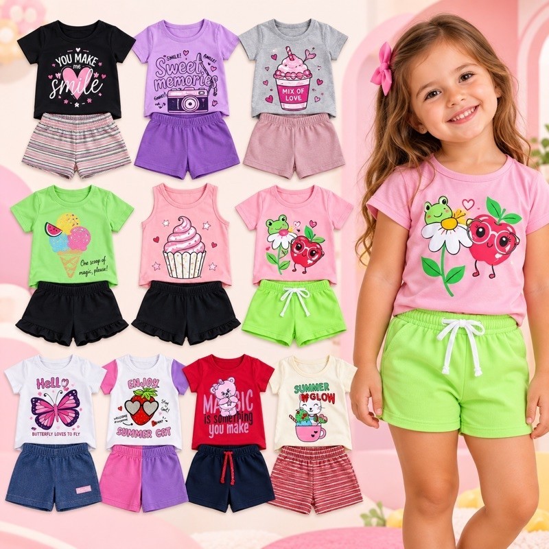 Kit 10 Peças Roupas Infantil Menina Sortido Verão - 5 Camisetas + 5 Shorts - Criança Feminina