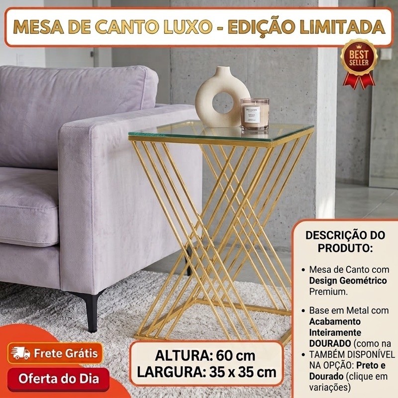 Mesa Lateral Dourada com Tampo de Vidro | Mesa de Canto Moderna Luxo para Sala e Escritório