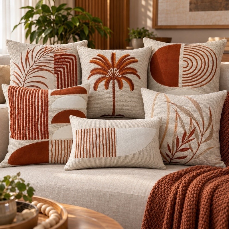 Capa de Almofada Decorativa Luxo em Linho Terracota 1 | 50x50 ou 30x50| Linha Magestic | Bordado Refinado | Dethes em 3D