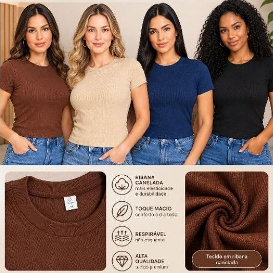 Blusas Feminina Ribana Canelado Básica Casual Estilosa Tendência Verão