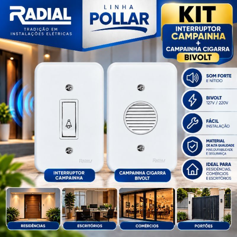 Conjunto 4x2 1 Interruptor Campainha + Campainha Cigarra Linha Pollar Radial