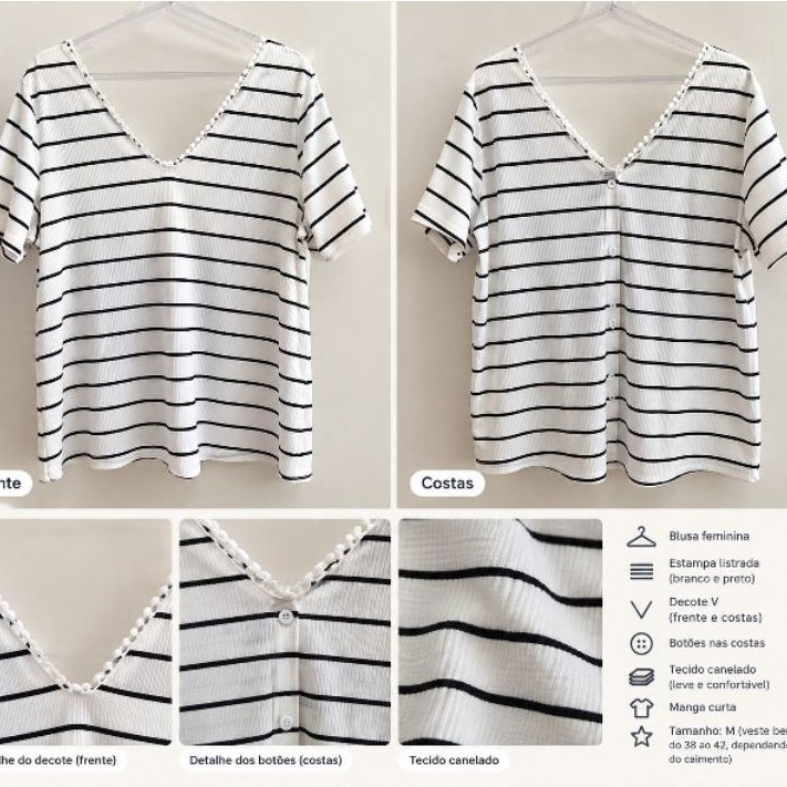 Blusa feminina listrada branco e preto gola V com botões manga curta tecido canelado