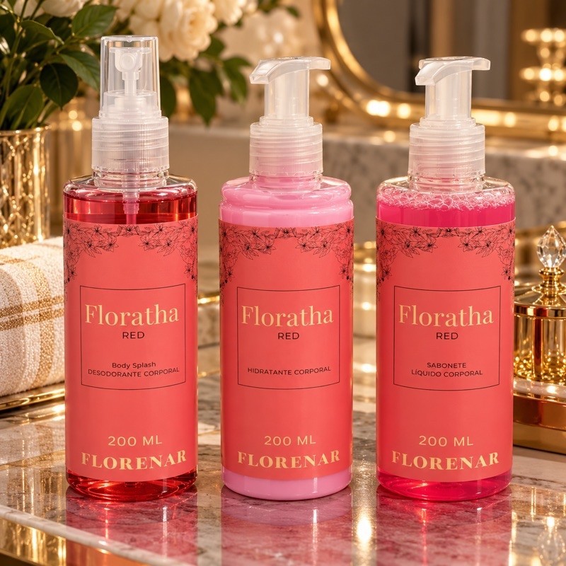 1 Kit Feminino Body Splash Florata Red com gliter 200Ml + 1 Hidratante 200ML + 1 Sabonete 200Ml