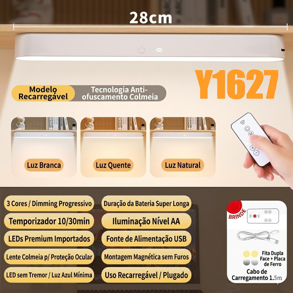 28CM Luminária De Led Sobrepor Bastão Recarregável Sem Fio Com Suporte Magnético E Touch 3 cores com Controle Remoto