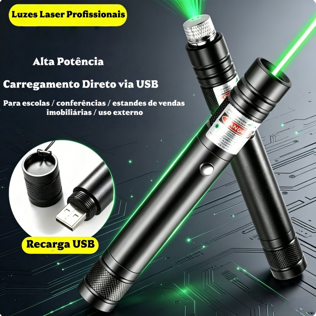 Caneta Laser Verde Recarregável Longo Alcance com Chave de Segurança