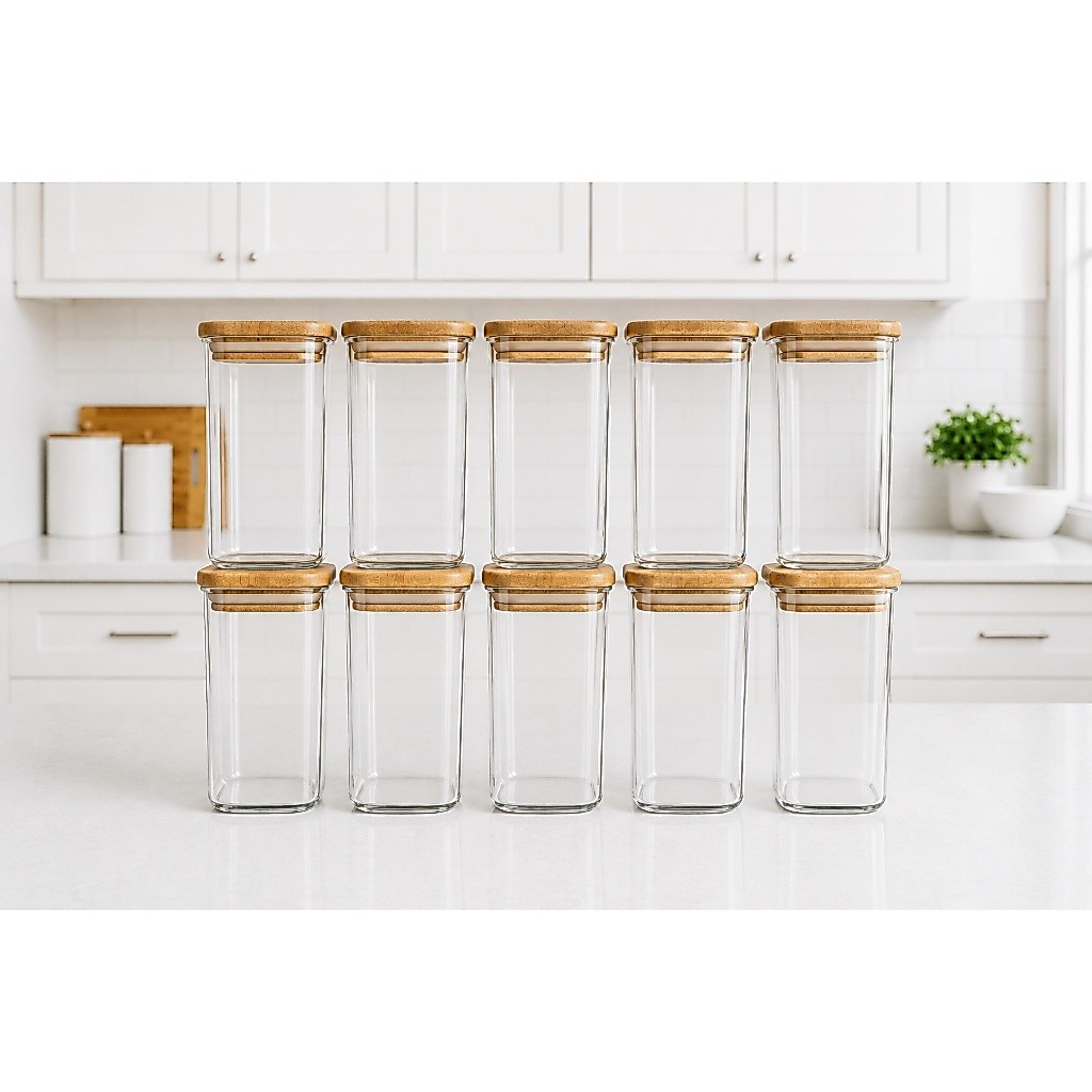 Pote Hermético Organizador 400ML  Quadrado com Tampa de Bambu – Porta Mantimentos Transparente para Cozinha