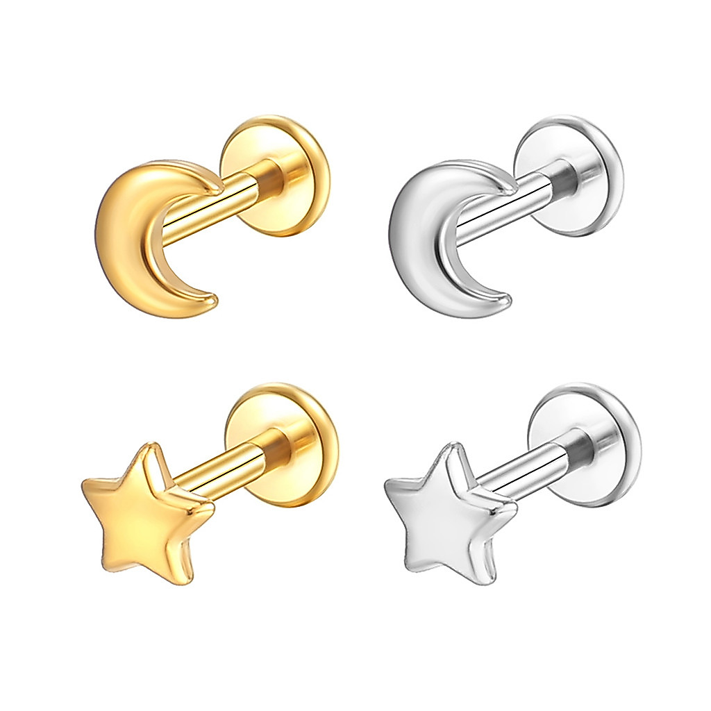 2PCS Piercing Helix Tragus Conch Boca-Medusa Labret Aço Cirúrgico Pvd Lua 1,2x8