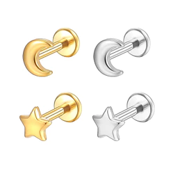 2PCS Piercing Helix Tragus Conch Boca-Medusa Labret Aço Cirúrgico Pvd Lua 1,2x8