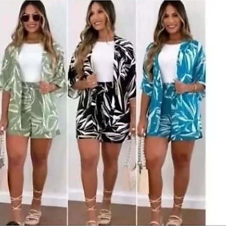 Conjunto short + kimono floral tecido duna veste super bem