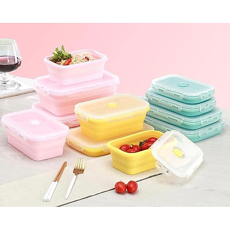 Marmitas Lancheira Retrátil Silicone Pote Dobrável C/ Tampa Trava de Segurança