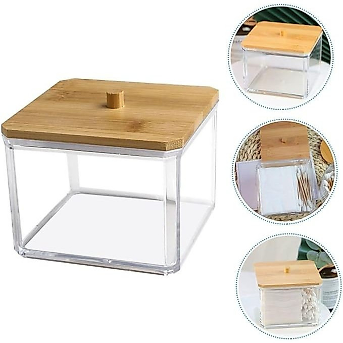 Organizador Acrílico Com Tampa De Bambu 9.5x9x8cm Penteadeira Algodão Cotonete Armazenamento Joias