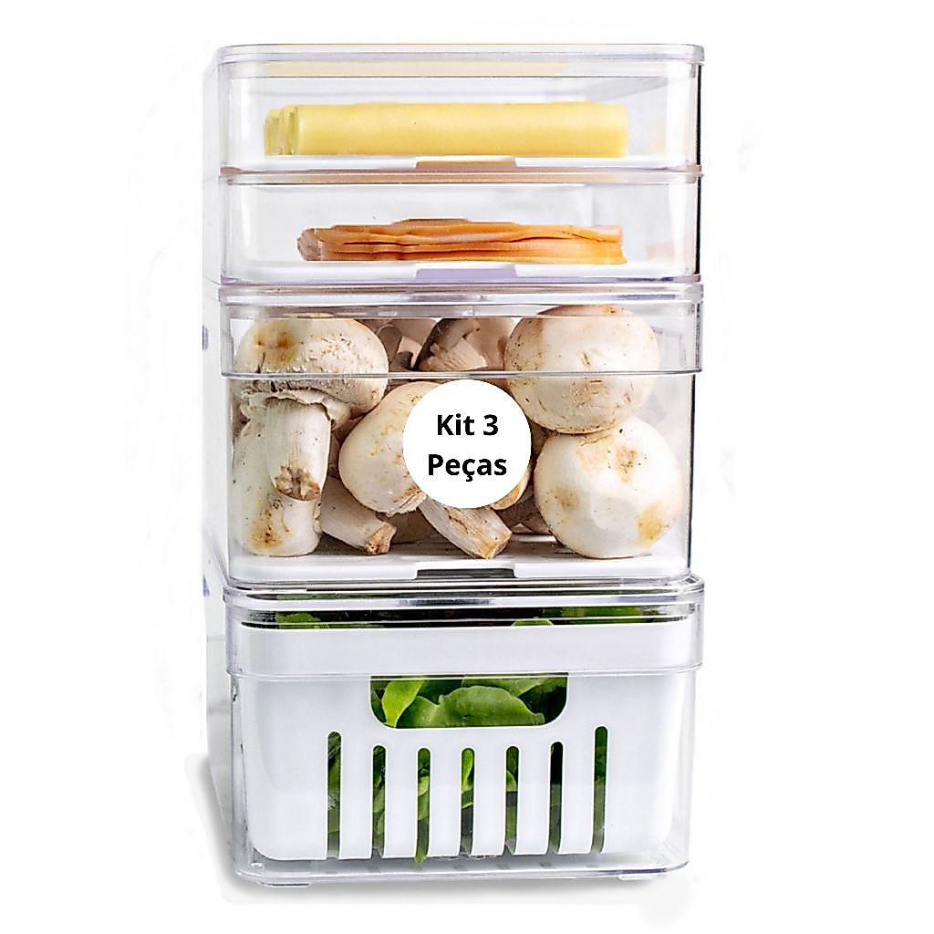 Kit 3 Organizadores de Geladeira - 20x15x9,5cm - Porta Frios, Verduras e Legumes – Linha Clear Fresh | OU