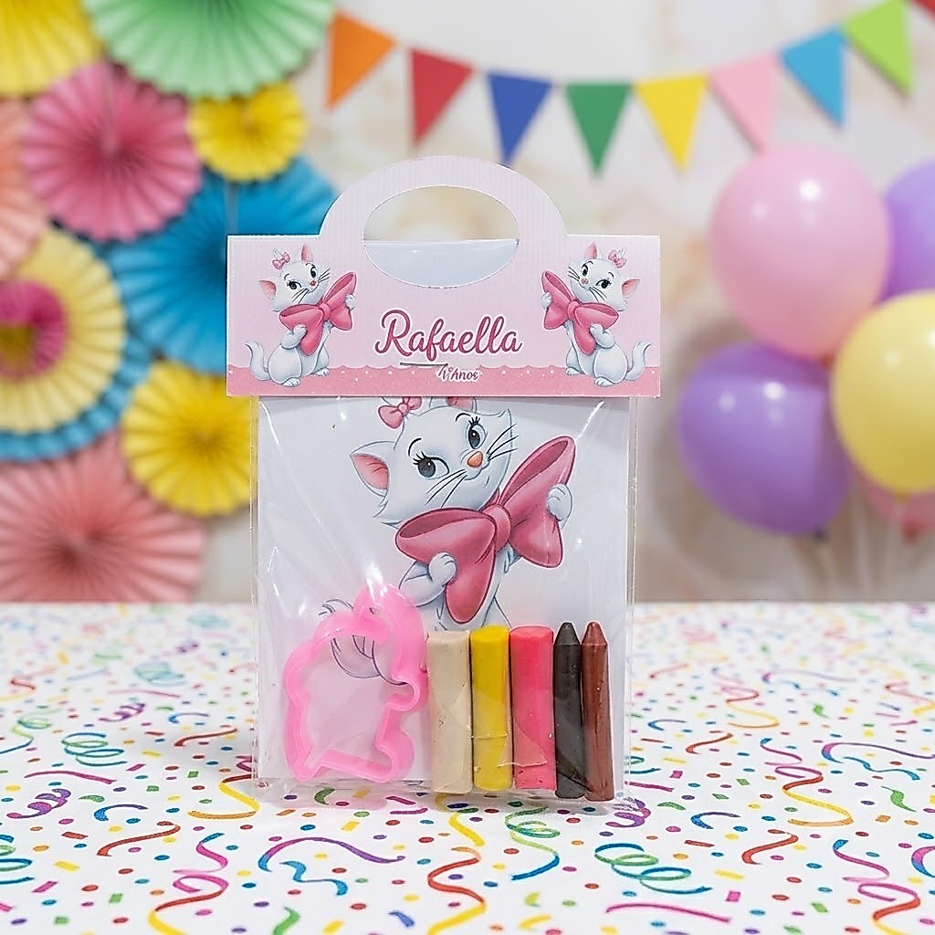 Kit Para Colorir Premium Gatinha Marie Personalizado para Festa Infantil + Kit Massinha + Giz, Lembrancinha Criativa