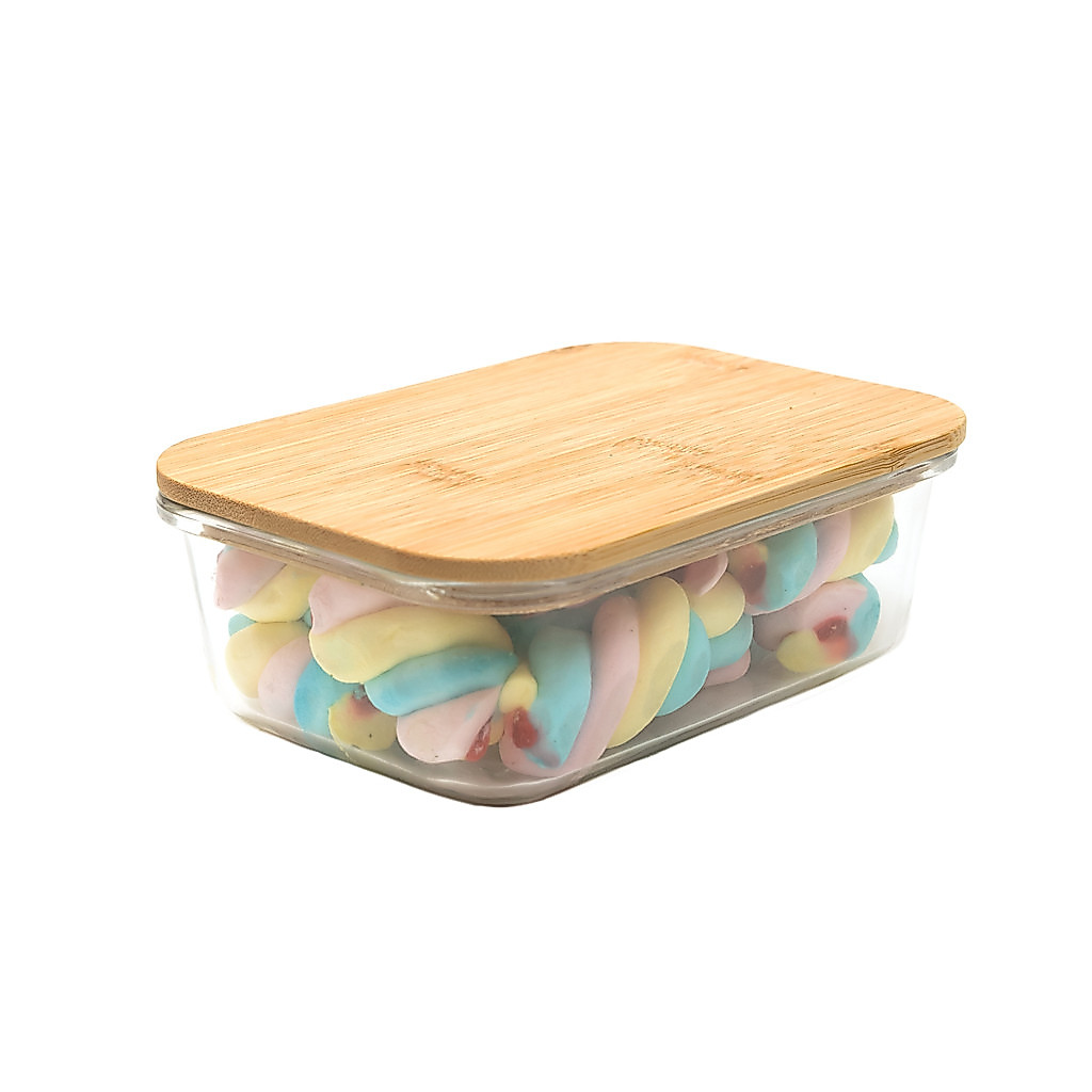 Pote de vidro 800ml com tampa de bambu hermético retangular - Tud