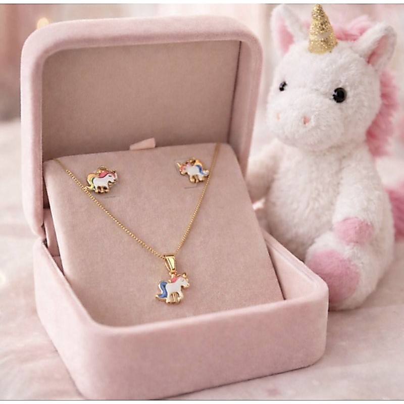 Kit Infantil Brincos e Corrente Banhado Ouro18k Unicórnio Flamingo Borboleta Urso Bailarina Sorvete cravejado zircônia.