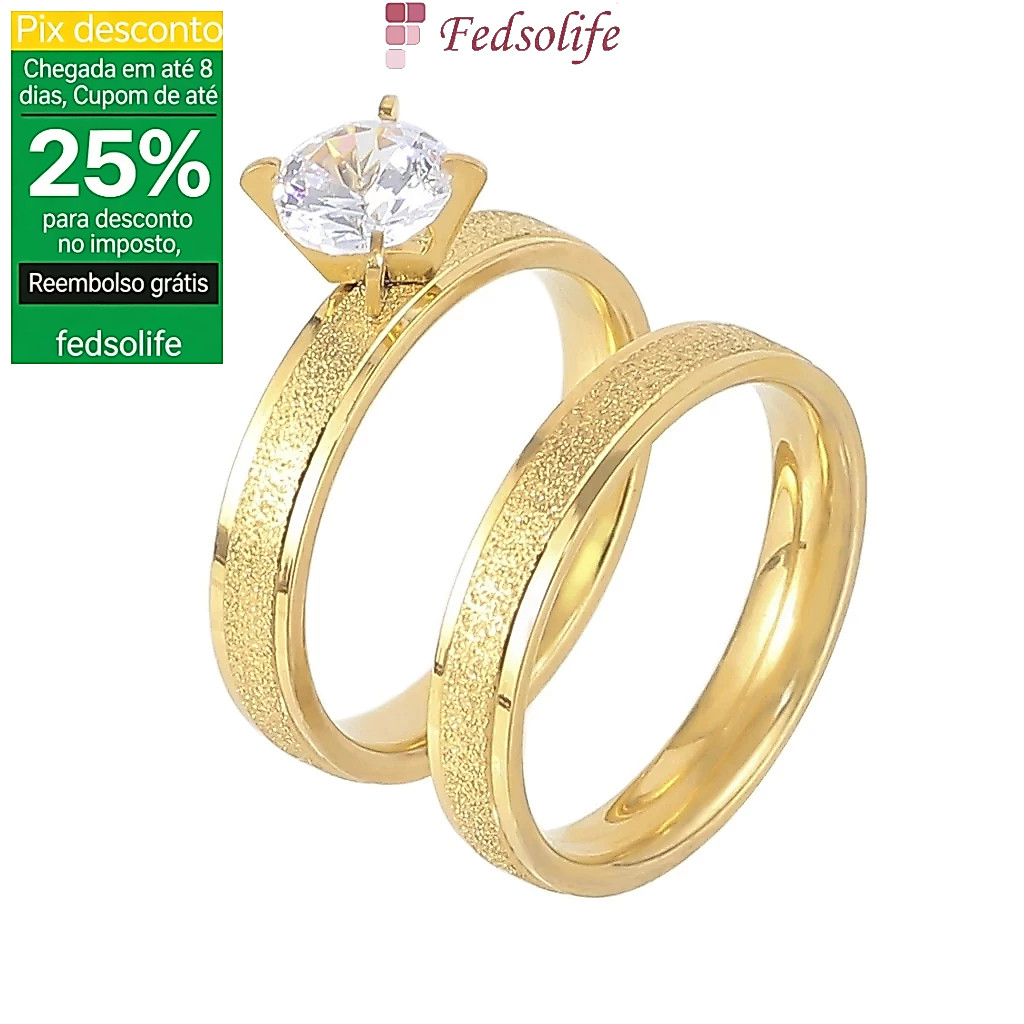 [Anel de casal Fedsolife] Diamante fosco banhado a ouro moda titânio aço zircão masculino feminino