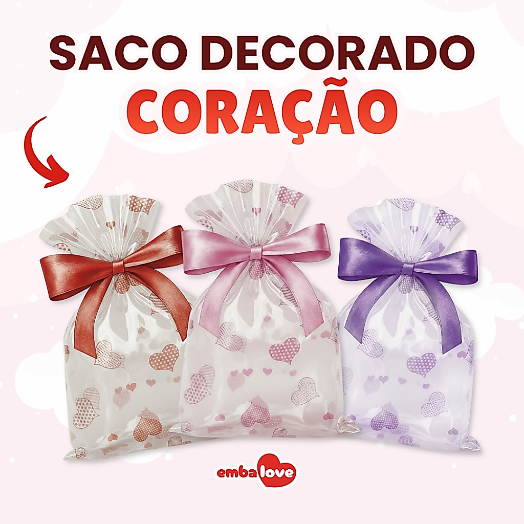 50 Saco Decorado Coração Transparente 10x15 11x20 15x20
