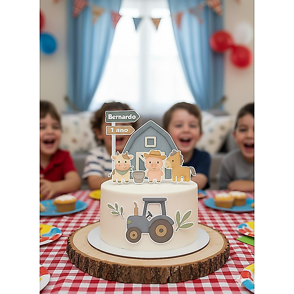 Topo de Bolo Fazendinha Menino - Enfeite Topper Personalizado Aniversário/Mêsversário