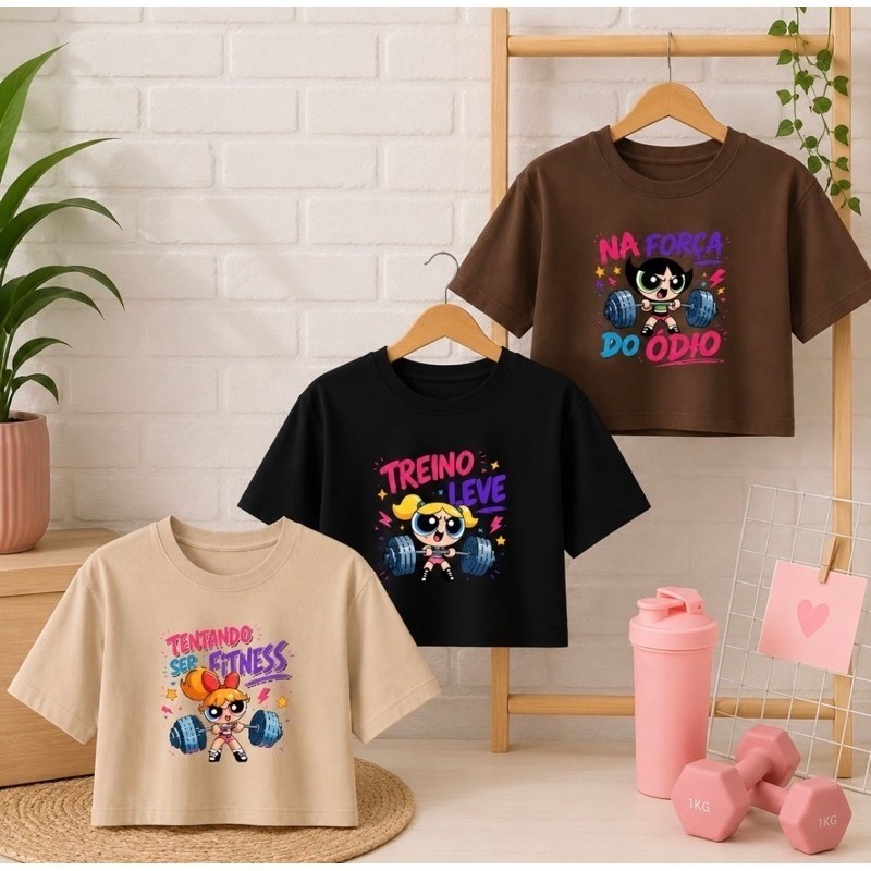 Cropedd Blusinha Kit 3 Peças Estampada Super Poderosas Academia Versátil Colorida Algodão Premium Levinha Pronta Entrega