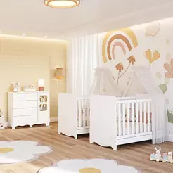 Quarto Bebê Gêmeos 2 Berços Americano Ben Cômoda 1 Porta Uli 100%MDF