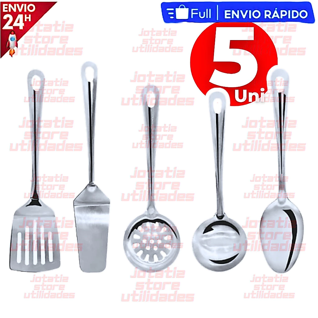 Kit 5 Utensílios De Cozinha Inox Concha Espátula Vazada Escumadeira Espátula Lisa Colher De Servir Arroz Casa Cozinha