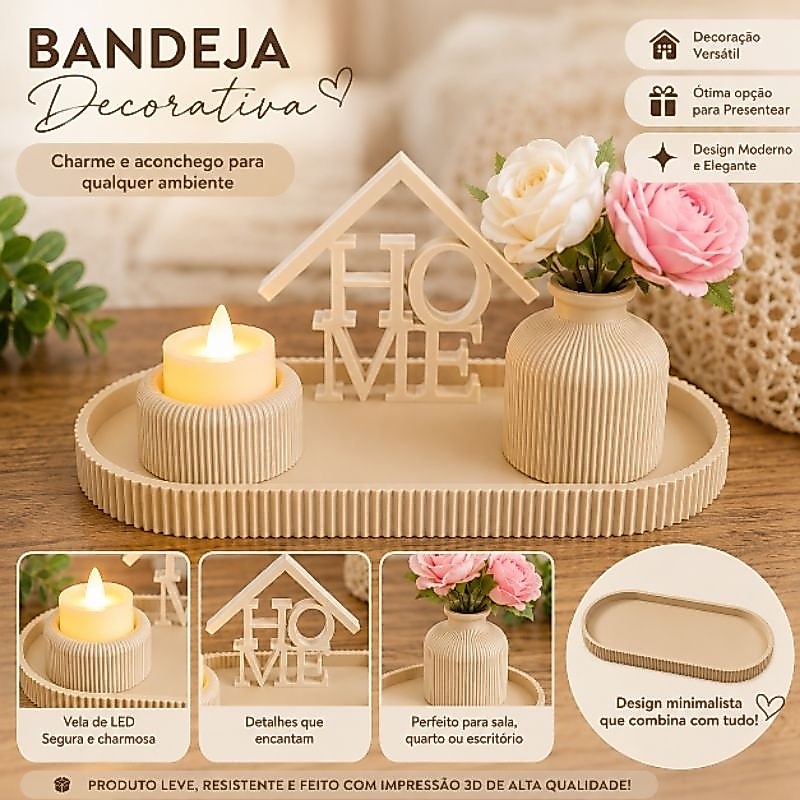 Kit Bandeja Decorativa com Vaso e Palavra HOME | Decoração para Sala Quarto, conjunto de decoração, presente, aconchego