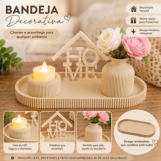 Kit Bandeja Decorativa com Vaso e Palavra HOME | Decoração para Sala Quarto, conjunto de decoração, presente, aconchego