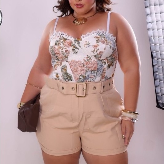 Cropped Corselet Feminino Plus Size Floral Estampado Elegante Com Bojo Moda Blogueira Tamanho GG