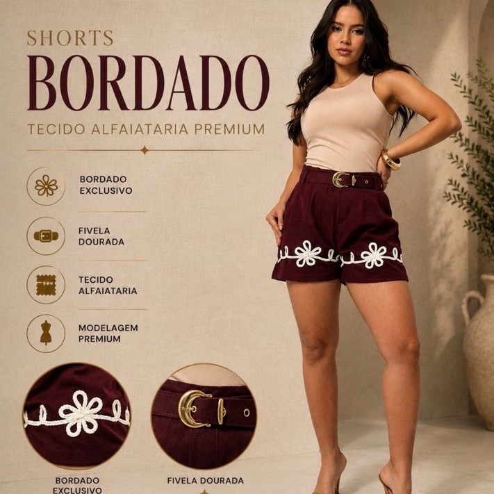 Shorts Alfaiataria Feminino Social Bordado Com Cinto Elegante Cintura Alta