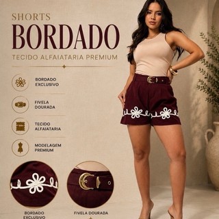Shorts Alfaiataria Feminino Social Bordado Com Cinto Elegante Cintura Alta