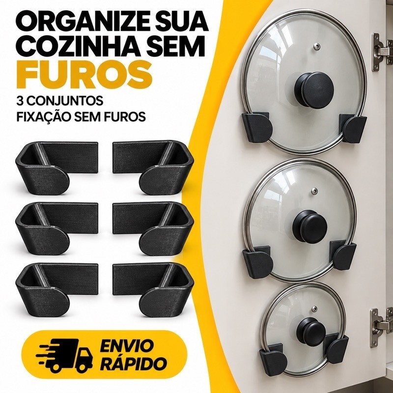 Kit Suporte para Tampa de Panela Adesivo 3 Unidades Ajustável Organizador de Armário Sem Furos