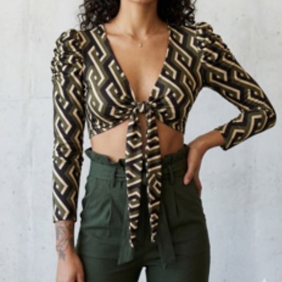 cropped manga longa feminino estampado amarração
