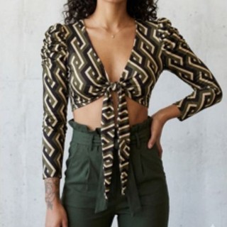 cropped manga longa feminino estampado amarração