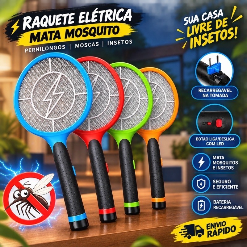 Raquete Elétrica Mata Mosquito Recarregável Bivolt Mata Pernilongo Mosca Insetos Portátil AltaTensão