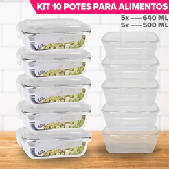 Conjunto 10 Potes Herméticos 500/640ml de Plástico e Vidro Marmita Fitness Freezer Microondas