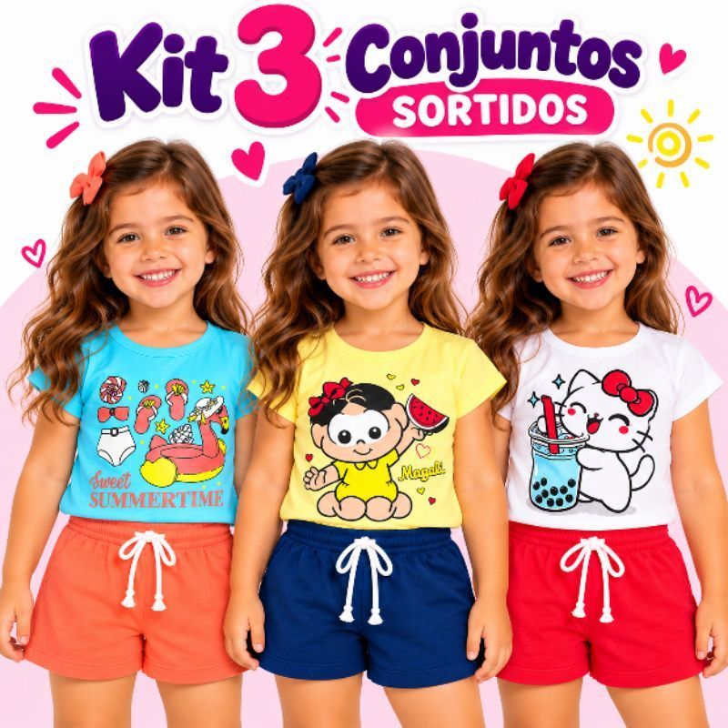Conjunto Infantil Menina Verão Kit 6/10 Peças de Roupa Feminina 3/5 Conjuntos de Camiseta Manga Curta e Shorts Moletinho
