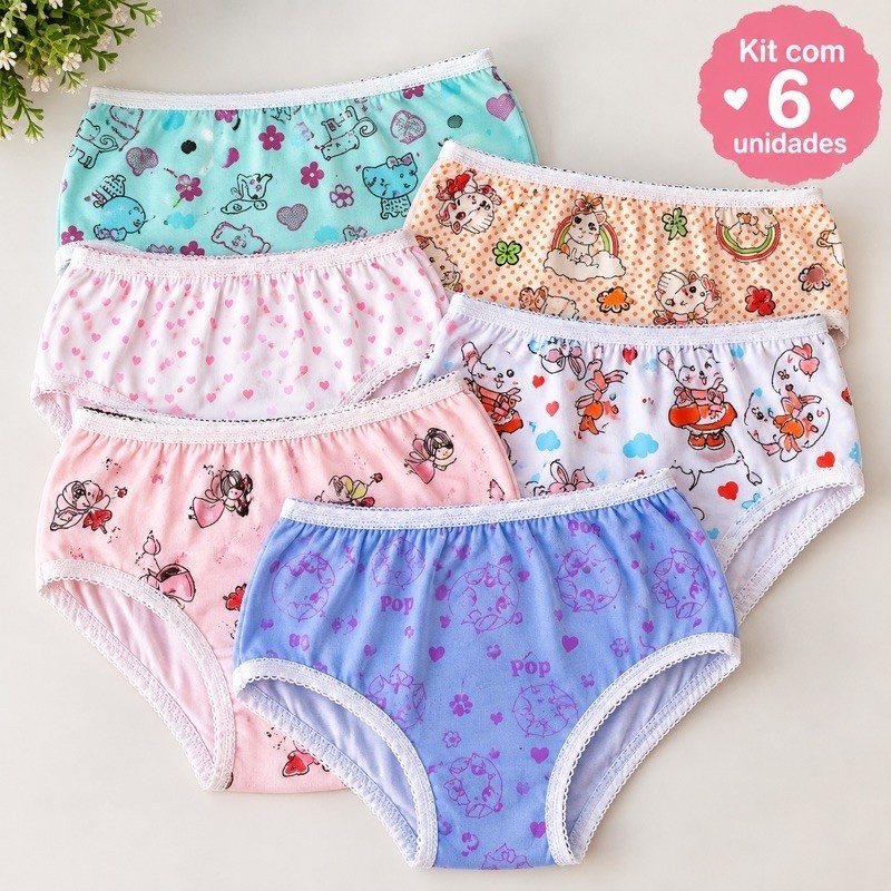 Kit 6 Calcinhas Infantil Algodão Estampadas Confortáveis Menina Sortidas