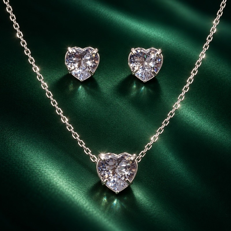 Conjunto de Coração Cristal em Prata 925