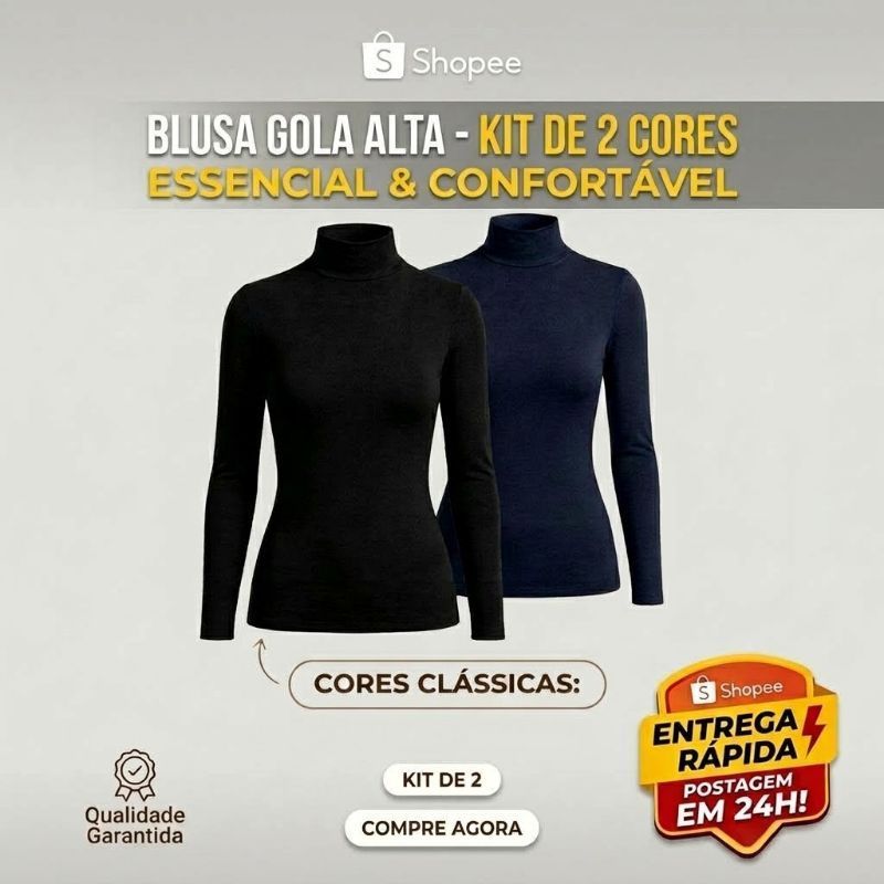 KIT 2 Blusas Feminina Manga Longa Cacharrel Confortável Básico Gola Alta