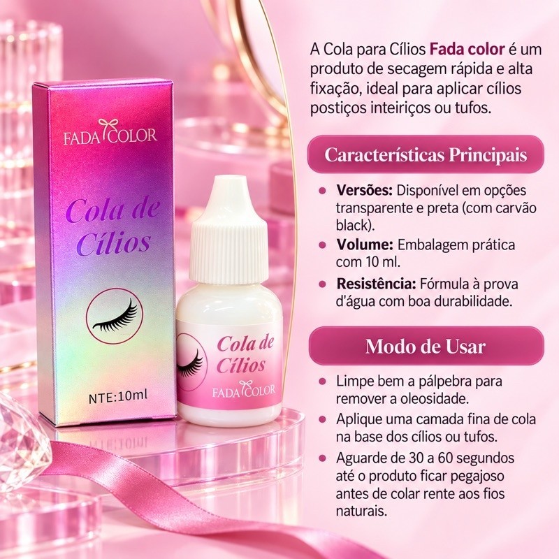 Cola de Cílios Profissional Fada Color 10ml Para Tufos Fixação Forte
