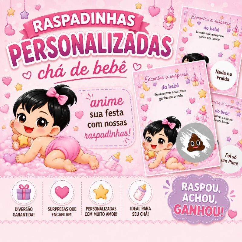 Raspadinha Personalizada Chá de Bebê Menina Cabelo Moreno - Brincadeira Fraldinha Premiada -Lembrancinha Chá de Bebê