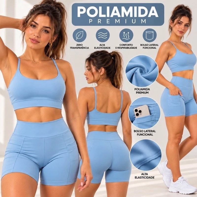 Conjunto Feminino De Academia Com Top De Sustentação E Short Cintura Alta Em Poliamida Com Compressão Conjuntinho Verão — imagem 1