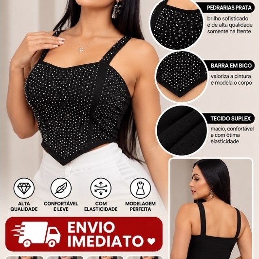Blusa Cropped Regata Morcego Corset Pedraria Brilho Bico Tecido Suplex