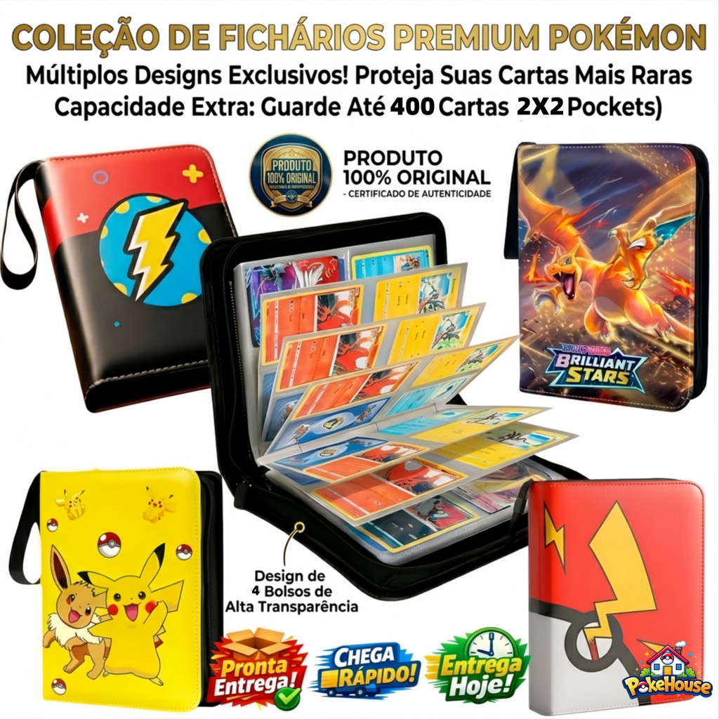 Álbum Fichário Pokémon Capa Dura Zíper 400 Cartas + 50 Folhas Porta Cards TCG Pronta Entrega