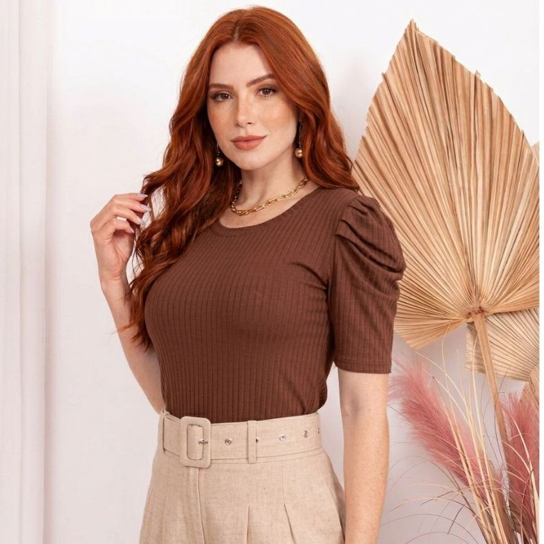 Blusa Feminina Ribana Canelada Manga Princesa Bufante Franzida Gola Redonda Elegante Estilosa